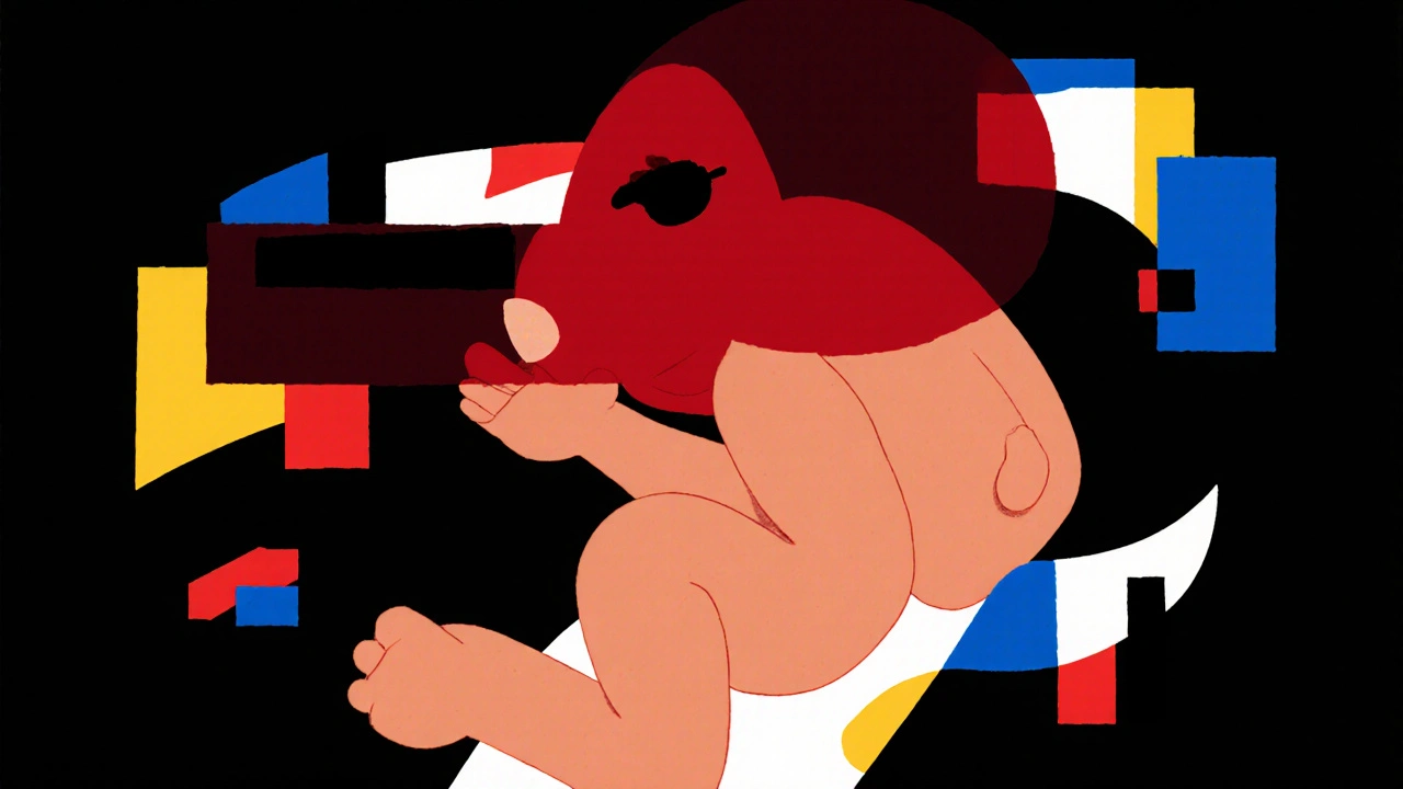 Abstract male fetus with ambiguous genitalia, blocked hormones shown as geometric shapes in red, blue, black.