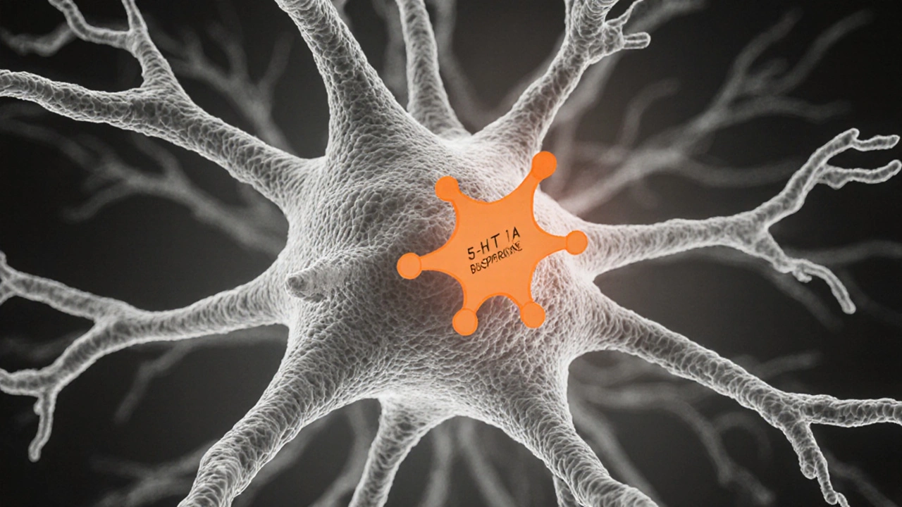 Close‑up of a brain synapse showing an orange‑highlighted buspirone molecule binding a serotonin receptor.