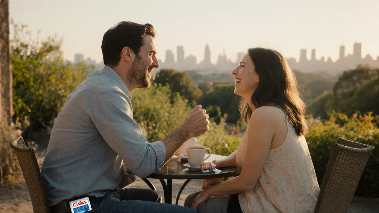 Couple laughing on a sunny patio with a Cialis packet visible in the man&#039;s pocket.