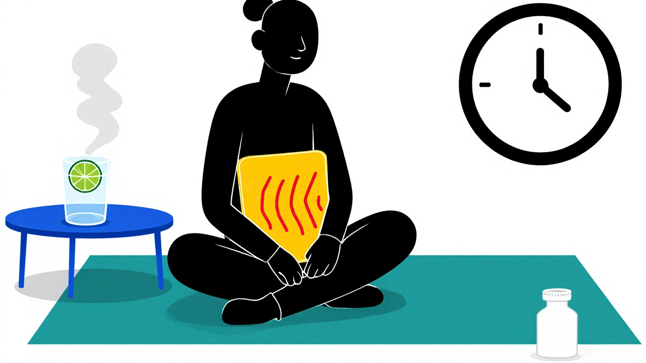Cozy indoor depiction of heating pad, water glass, clock, and pill bottle for relief.