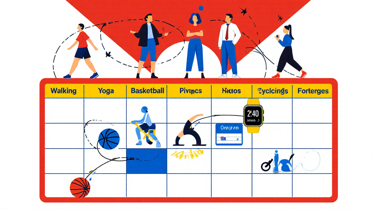 De Stijl graphic of a weekly workout schedule, smartwatch tremor monitor, and supportive team.