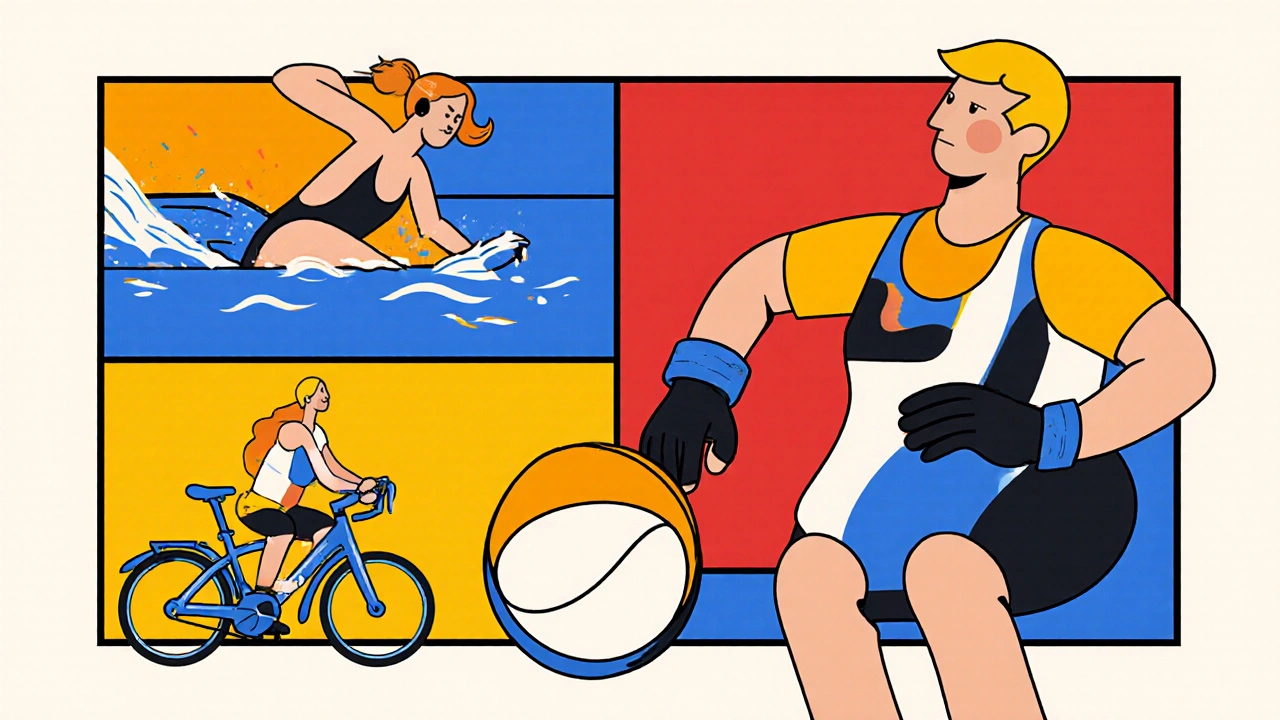 De Stijl illustration of swimming, cycling, yoga, and wheelchair basketball with adaptive gear.