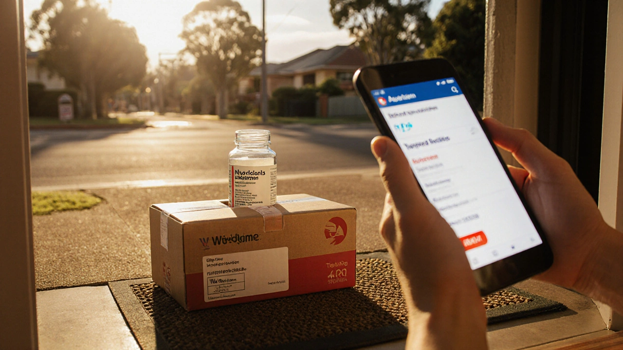 Delivery box with generic Bactrim bottle being inspected at a sunlit Australian doorstep.