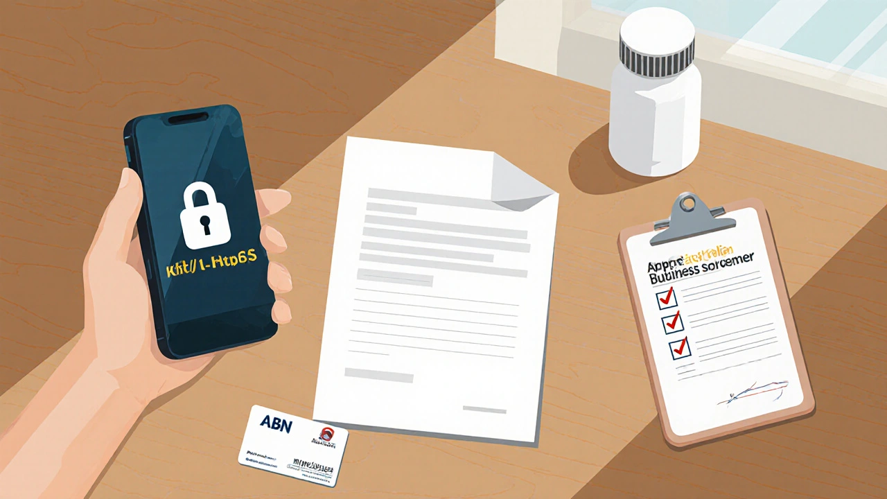 Desk with smartphone showing lock icon, prescription paper, ABN card, and pill bottle.