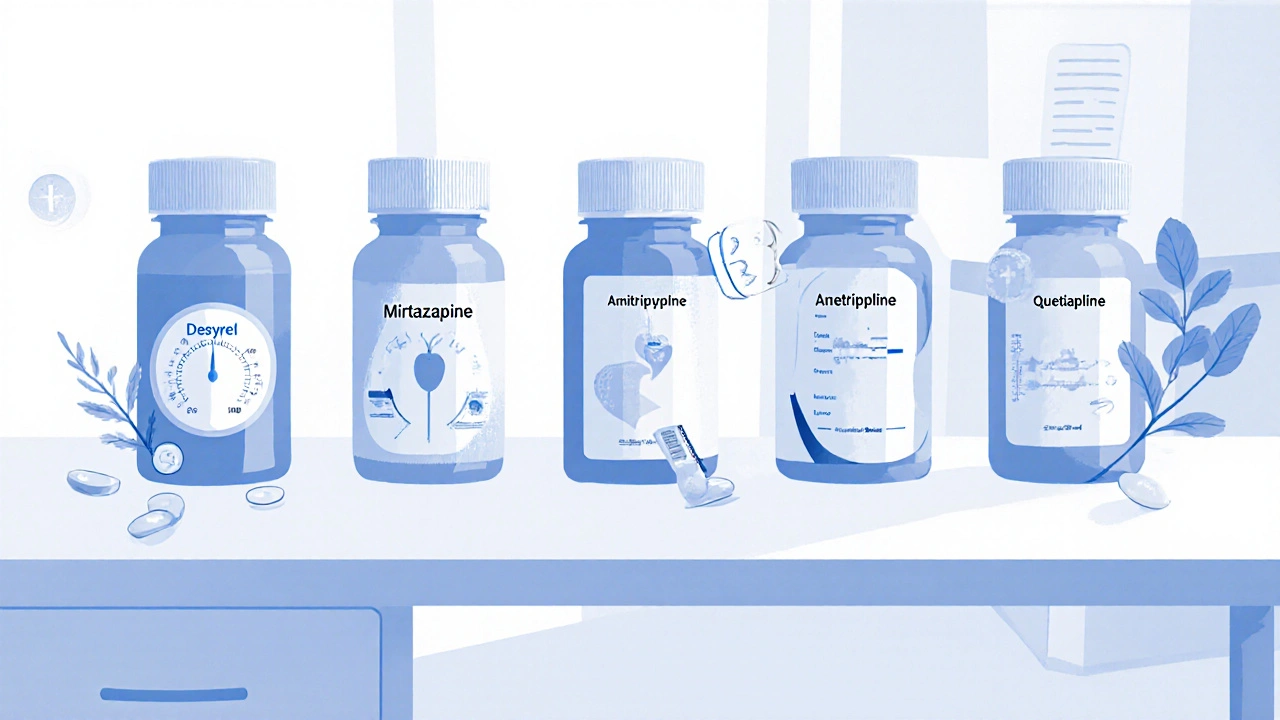Doctor&#039;s desk with five medication bottles each linked to visual cues.