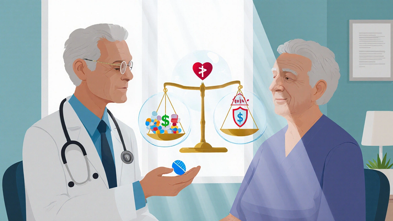 Doctor advising an elderly patient, with a single pill and scales weighing drug factors.