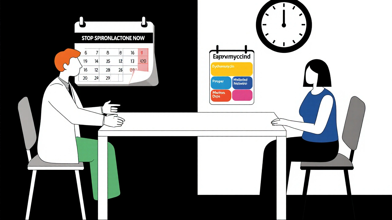 Doctor and patient at minimalist table, pregnancy-safe medications shown in primary colors with clock and calendar.