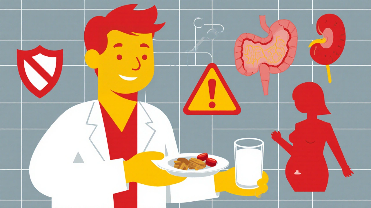 Doctor offering tablet with food and milk, plus icons for stomach, kidney, pregnancy, and warning signs.