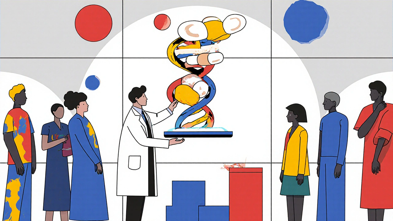 Doctor with tablet shows DNA turning into medication capsules amid diverse patient silhouettes.