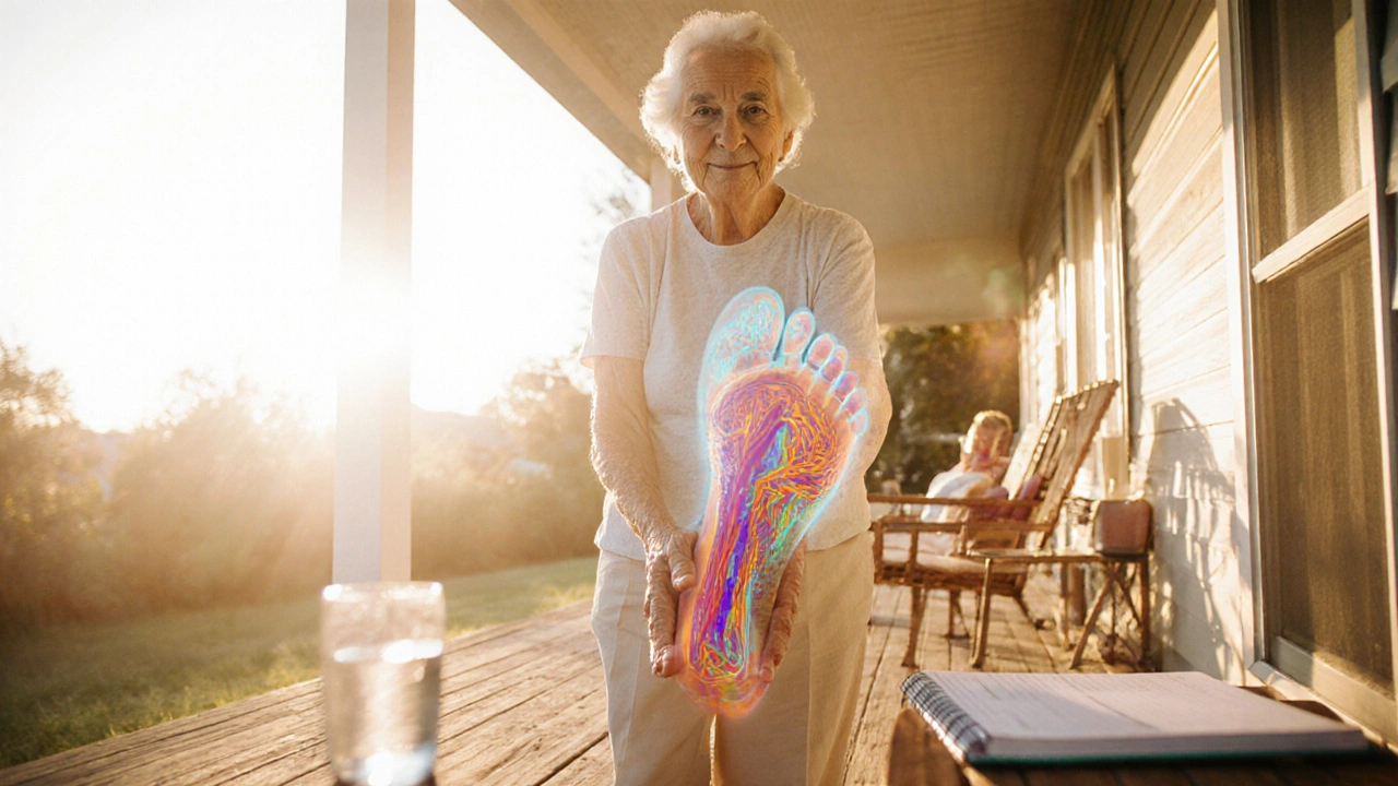 Elderly woman standing barefoot on a porch, showing healthy feet after massage.