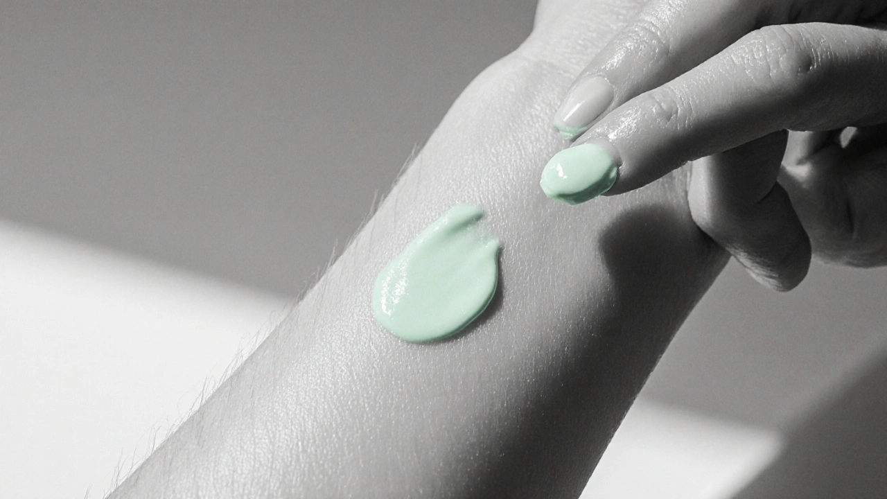 Fingertip applying mint‑green cream to an eczema patch.