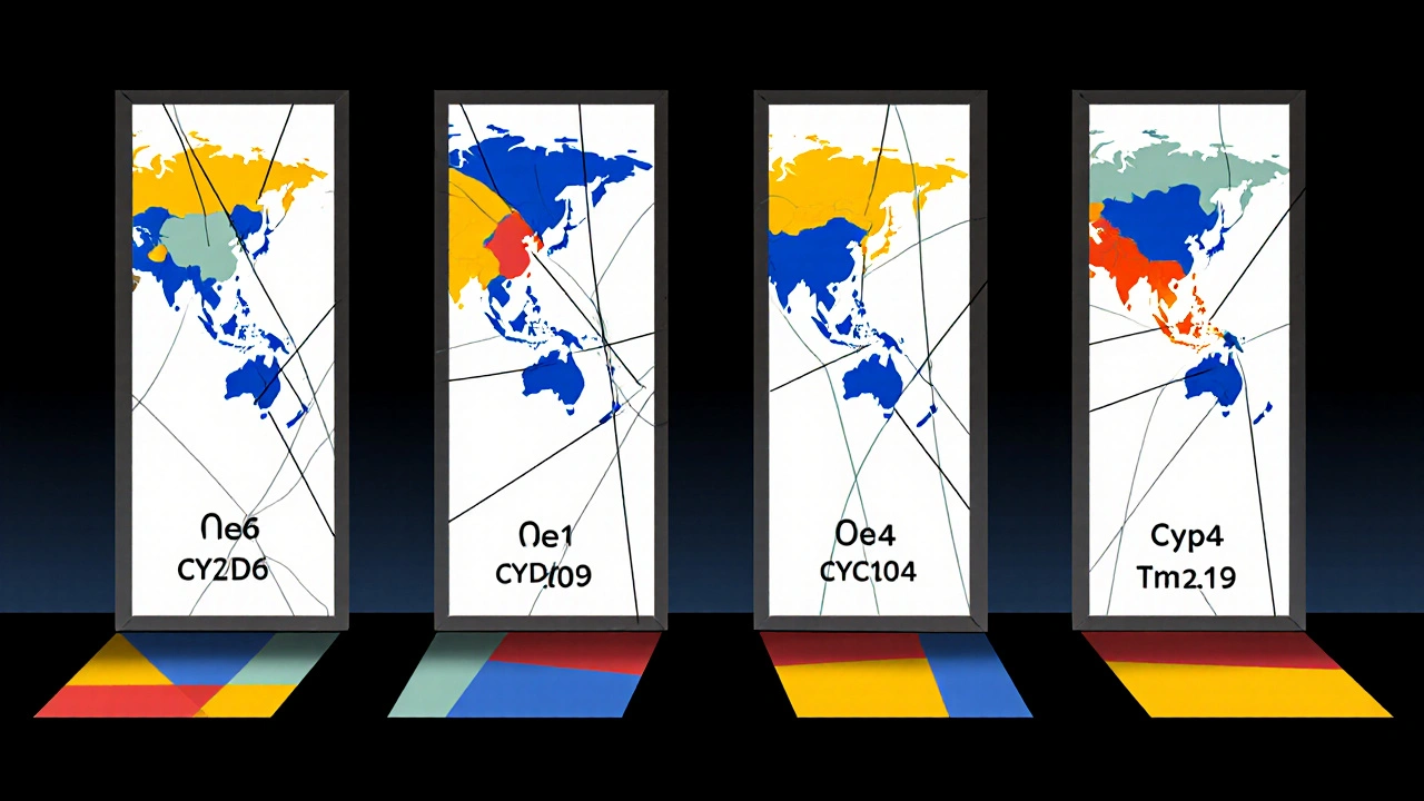 Four geometric panels depict CYP enzymes with color blocks showing allele frequencies across continents.