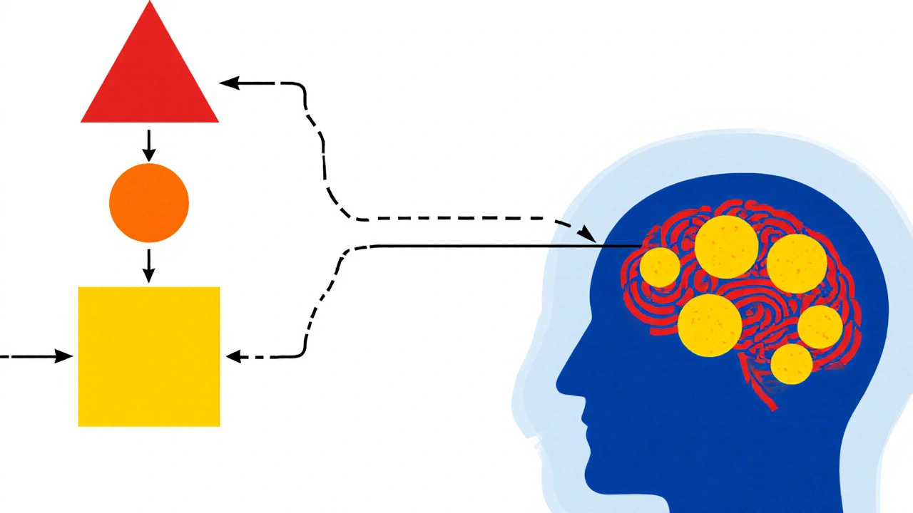 Geometric HPA axis flow leading to a brain with amyloid plaques and tau tangles.