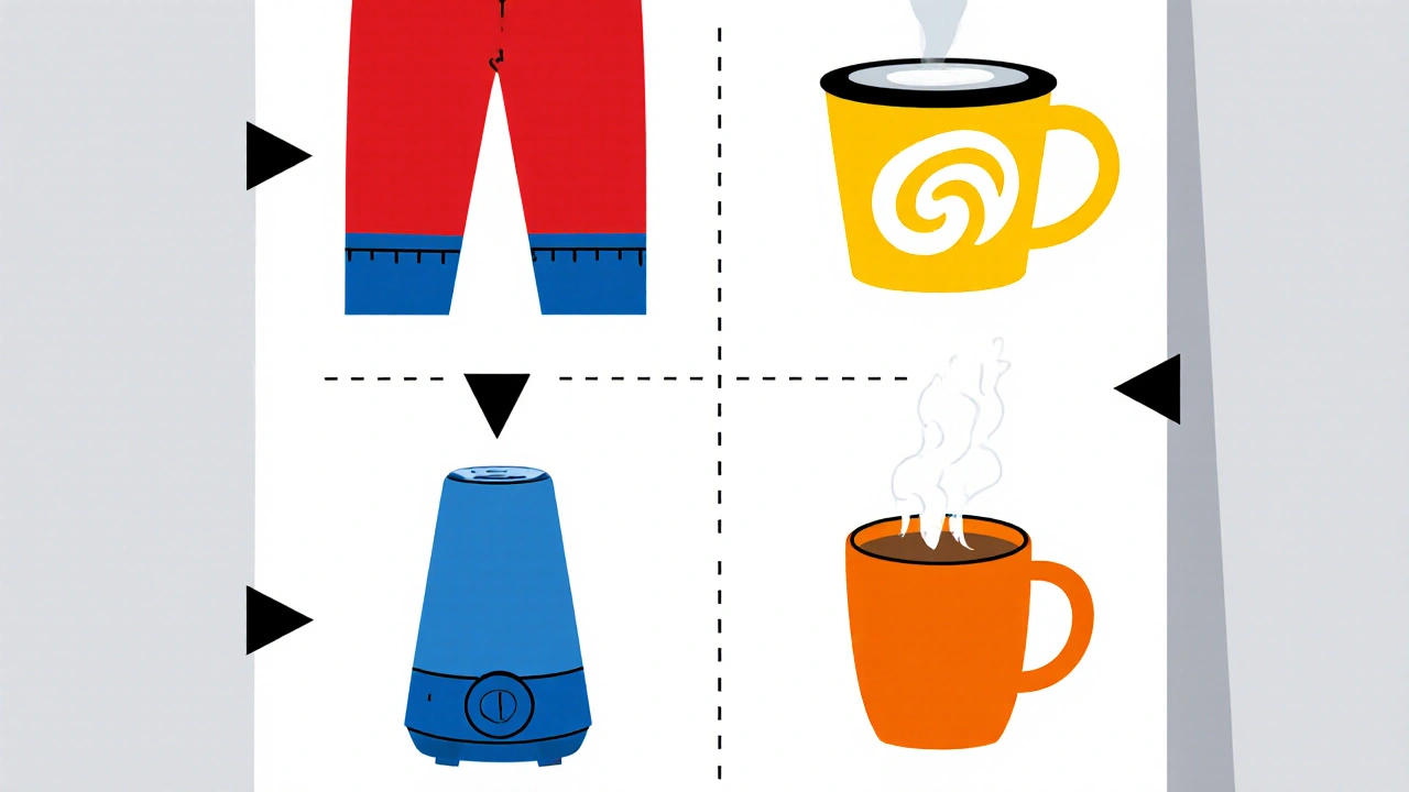 Geometric icons of leggings, yogurt, humidifier, and tea illustrating preventive steps.