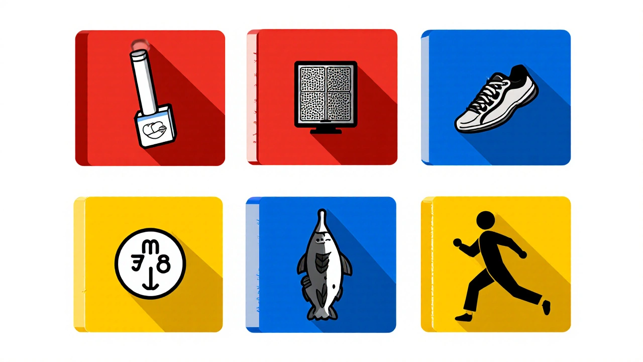 Grid of icons showing smoking quit, clean air, exercise, diet, and vaccination in geometric style.