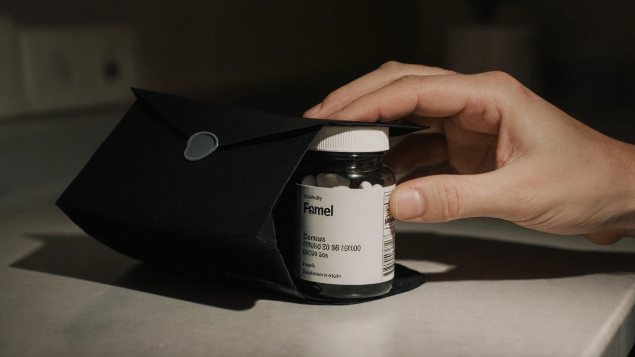 Hand opening a discreet package to reveal a bottle of white tablets.