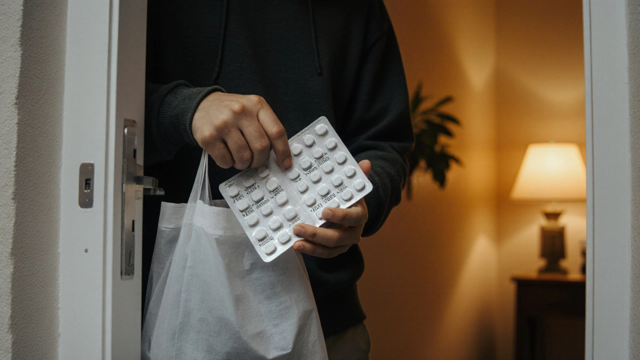 Hand opening a sealed package to show authentic generic Viagra pills in a home setting.