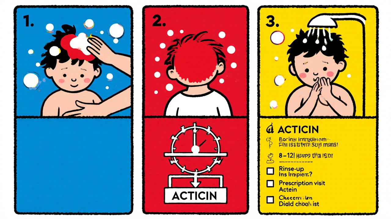 Illustrated steps for applying Acticin cream to a toddler&#039;s scalp with a decision‑tree hint.