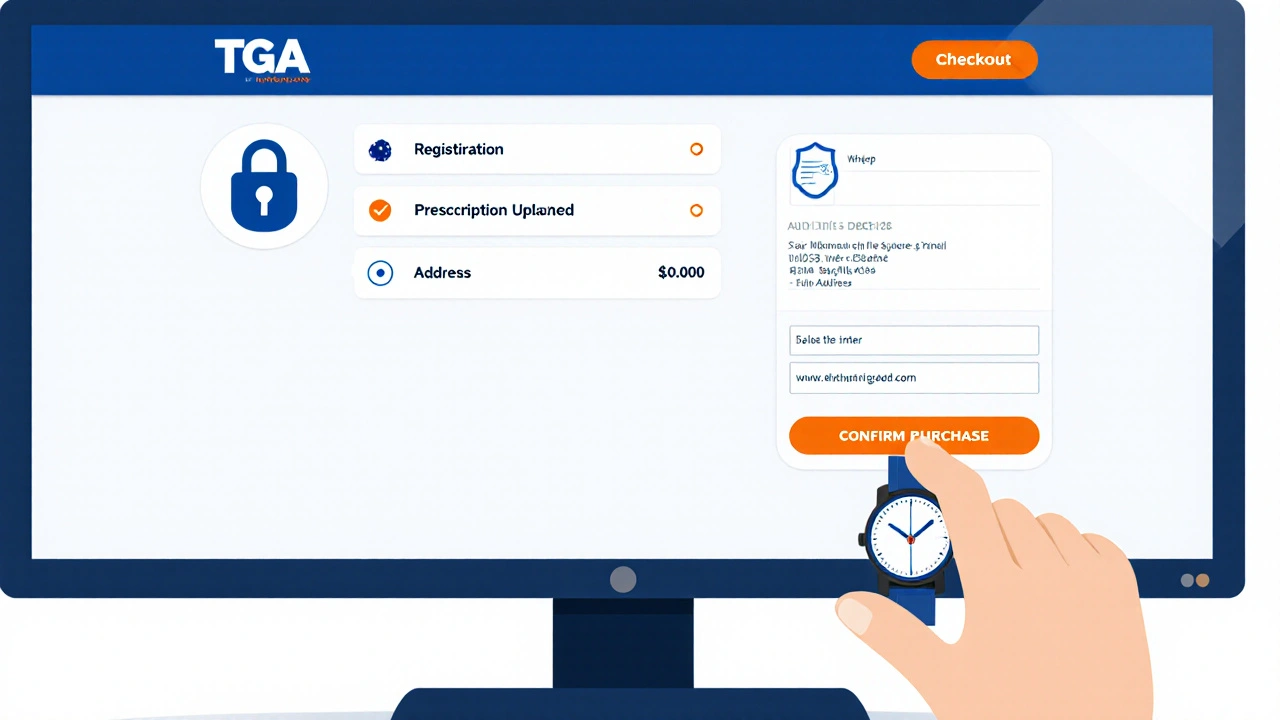 Illustration of an online pharmacy checkout showing security and TGA badge icons.