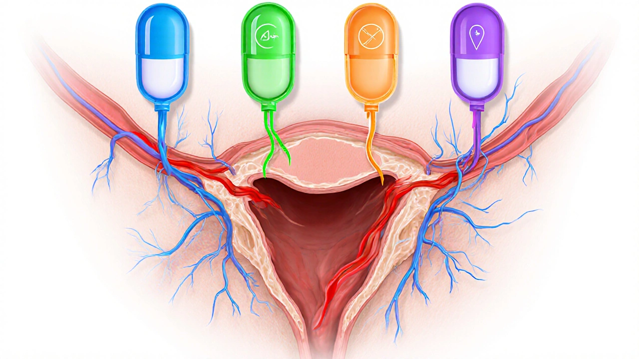 Illustration of male pelvic cross‑section showing blood flow and PDE‑5 inhibitor pathways.