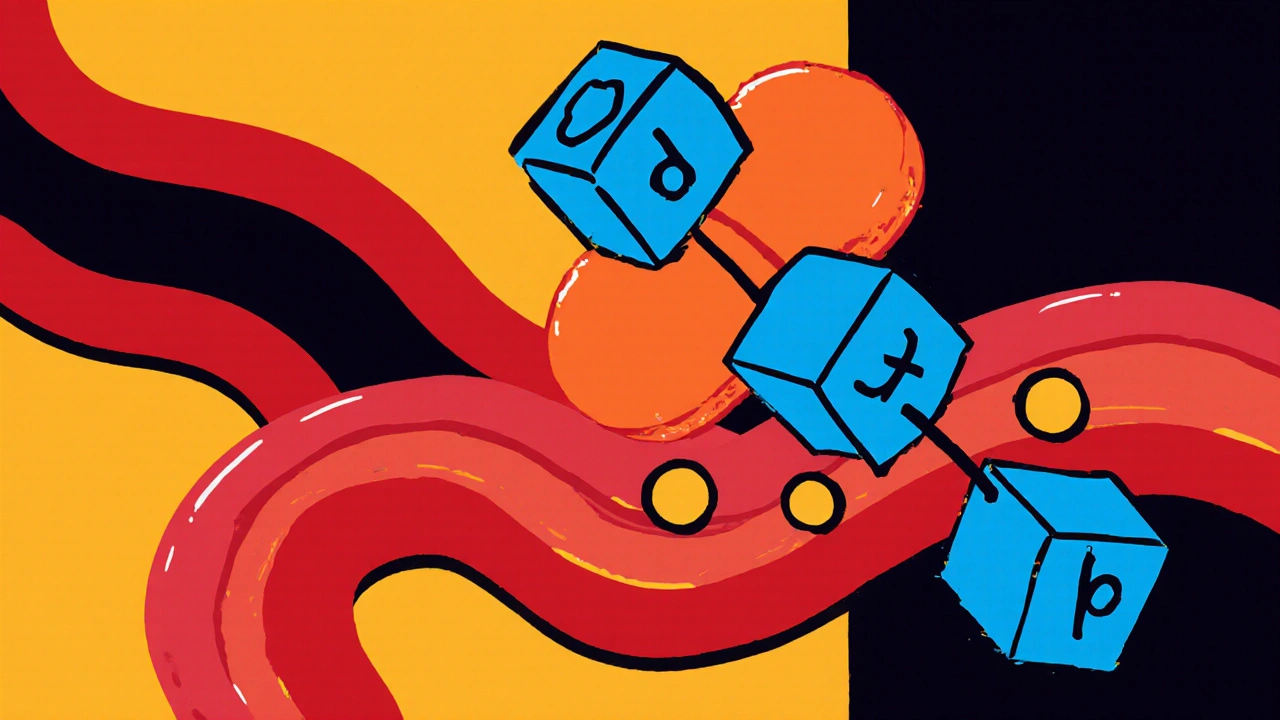 Illustration of the tablet releasing molecules that bind COX-1 enzymes, reducing prostaglandins.