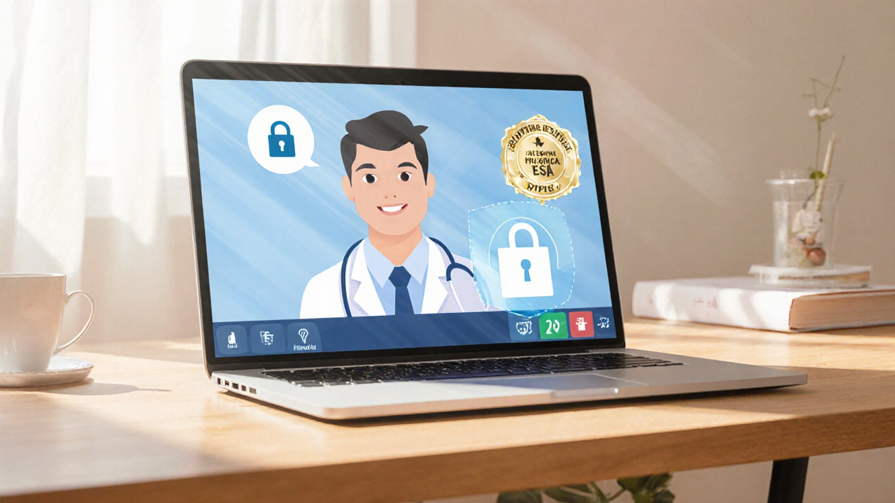 Laptop screen showing a telehealth video call with a doctor and a lock icon.
