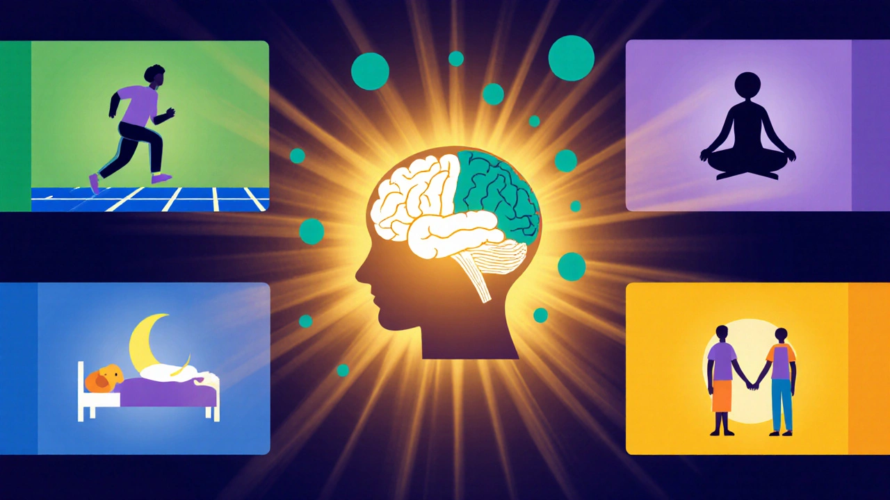 Montage of exercise, meditation, sleep, and social icons surrounding a glowing brain.