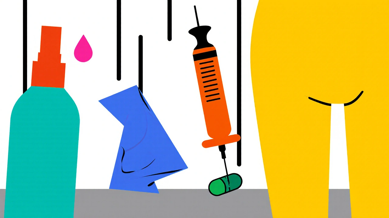 Nasal spray and syringe shown side by side with a pill capsule for comparison.