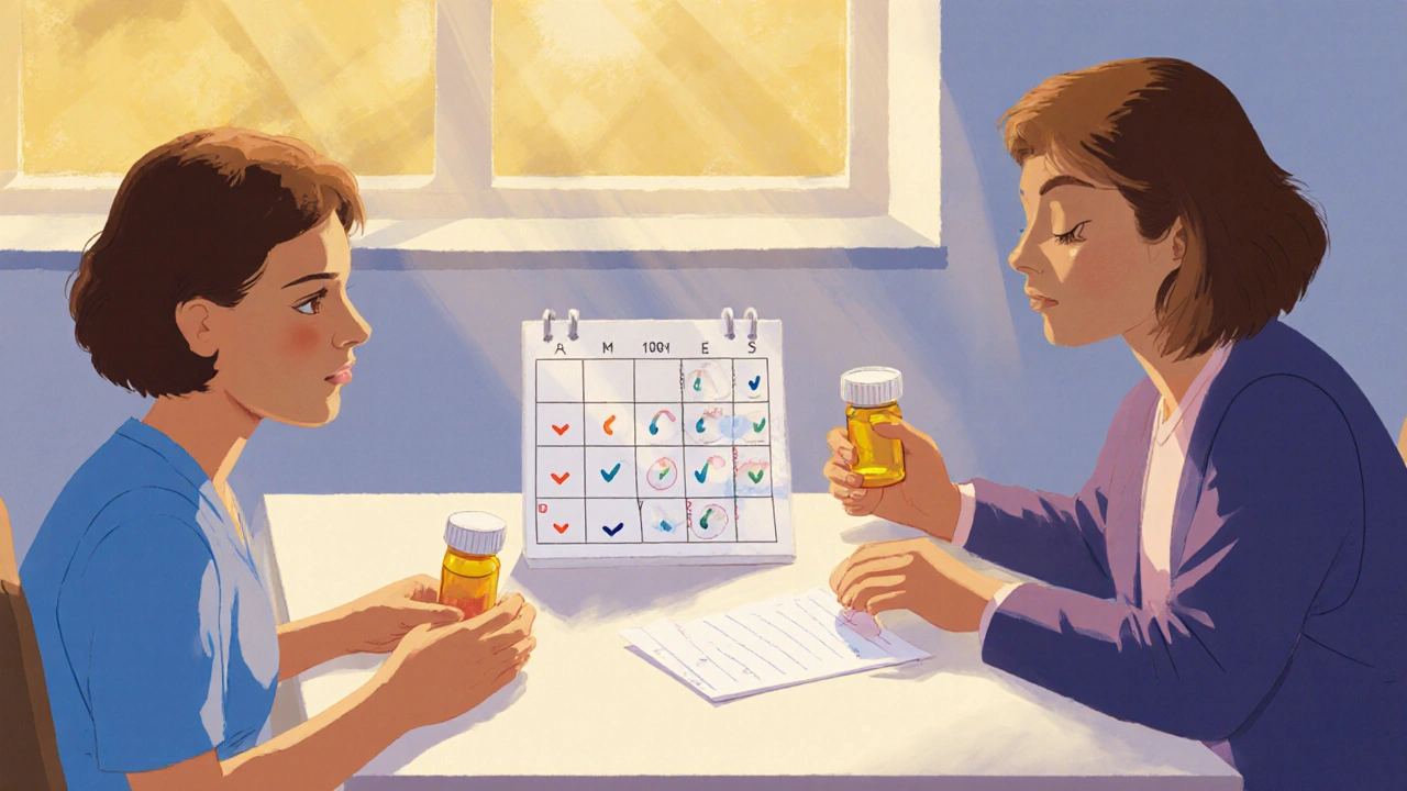 Patient and doctor reviewing a taper schedule with pill bottles.
