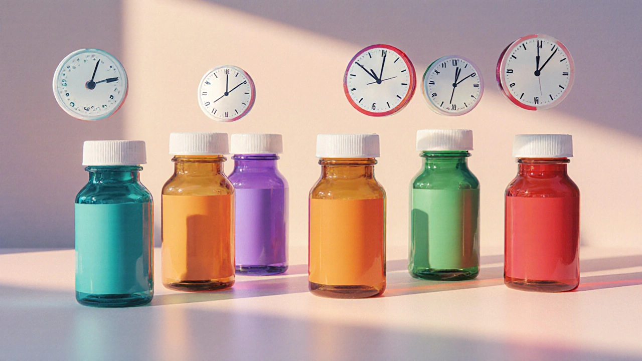 Pharmacist counter with six colored pill bottles, each paired with a floating clock indicating dosing.