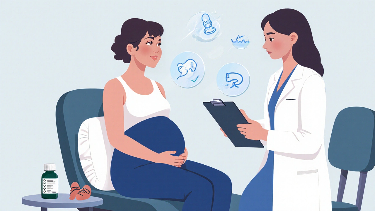 Pregnant woman consulting a rheumatologist with supportive items nearby.