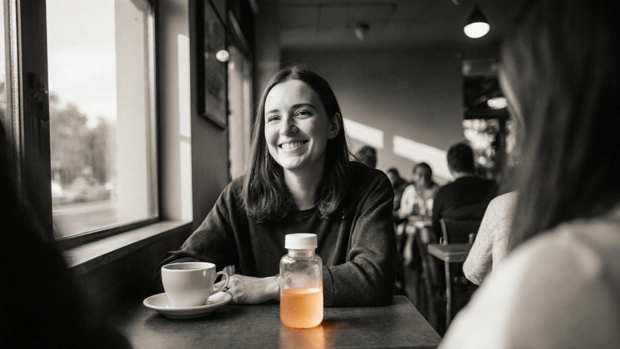 Relaxed individual chatting in a coffee shop, with warm amber accents on a cup and pill bottle.