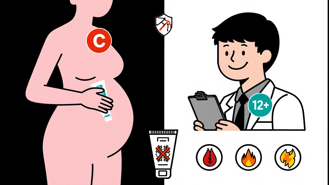 Split scene showing pregnancy caution, child use, and side‑effect icons for fenticonazole.