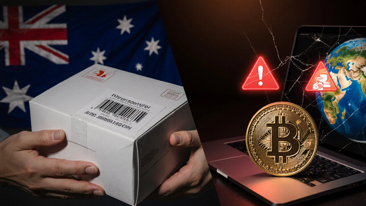 Split view contrasting safe pharmacy box with seal against risky cyber warning elements.