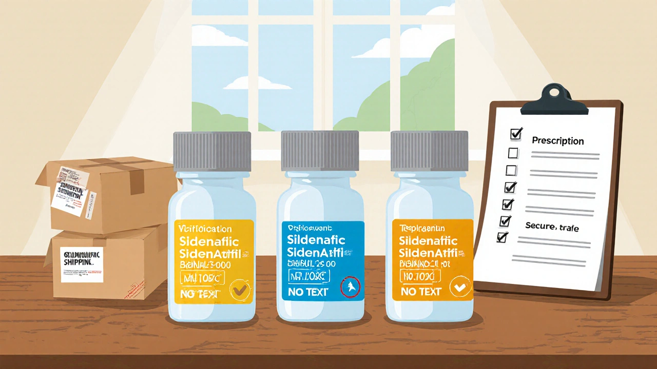 Three generic sildenafil bottles displayed with shipping boxes and a verification checklist.