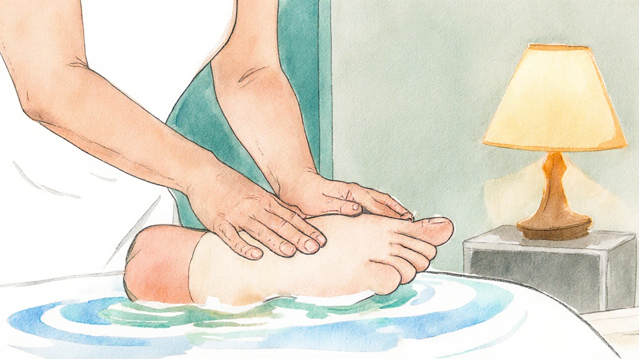 Watercolor of therapist hands giving gentle Swedish massage on a leg.
