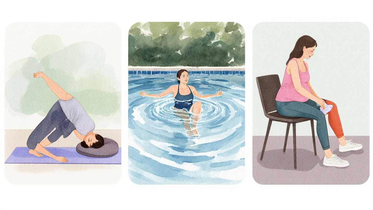 Watercolor panels showing prenatal yoga, swimming, and heat pack use.