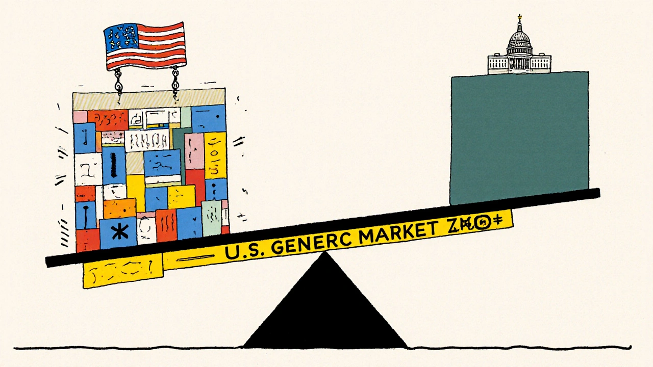 A balance scale showing intense competition driving down generic drug prices in the U.S. versus limited competition elsewhere.