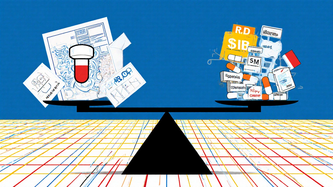 A balanced scale comparing high-cost branded drug development to low-cost generic manufacturing in De Stijl style.