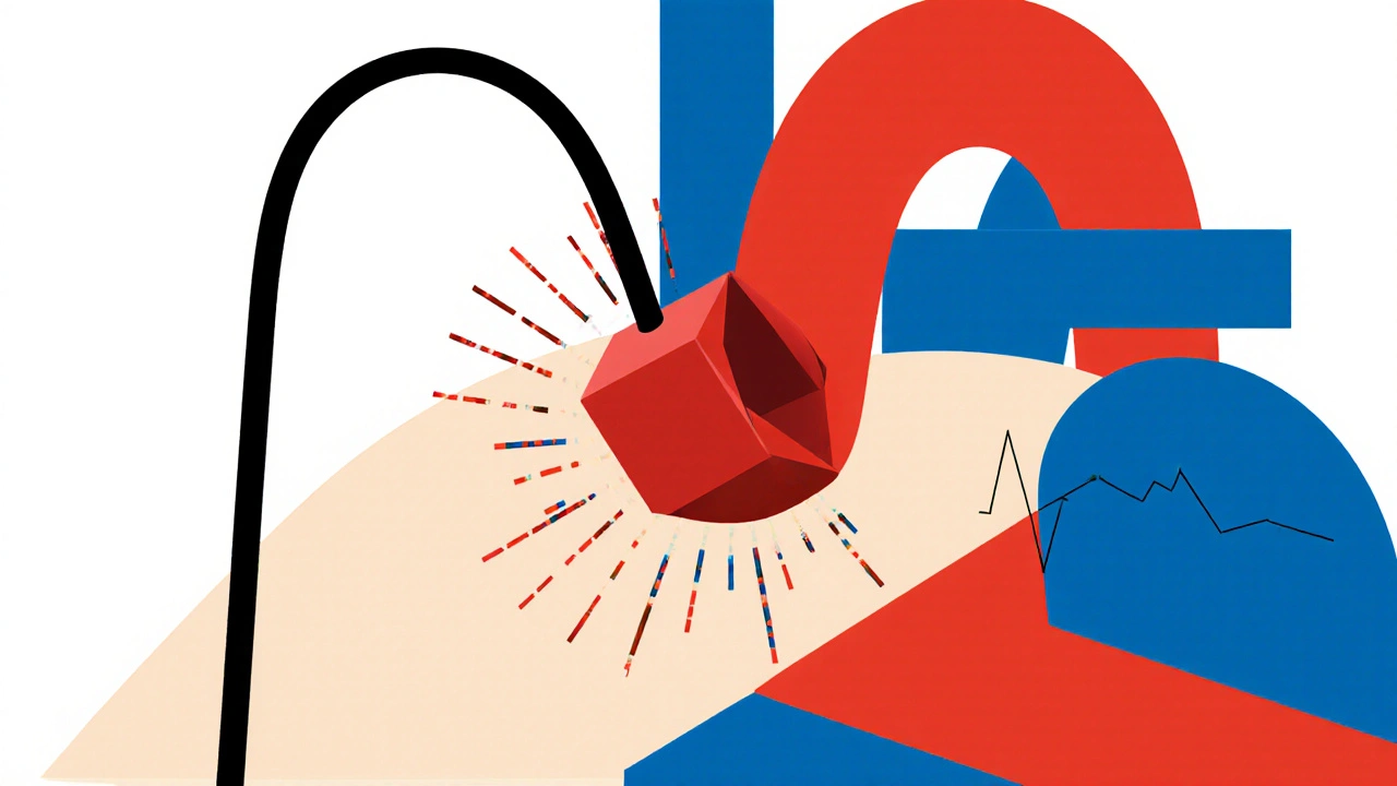 A catheter delivering a replacement valve into the aorta, rendered in bold lines and primary colors using De Stijl abstraction.