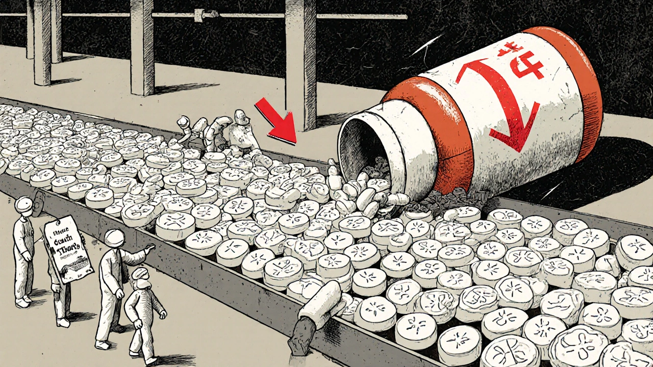 A continuous production line of identical white pills in a minimalist factory, with geometric workers and a falling price tag.