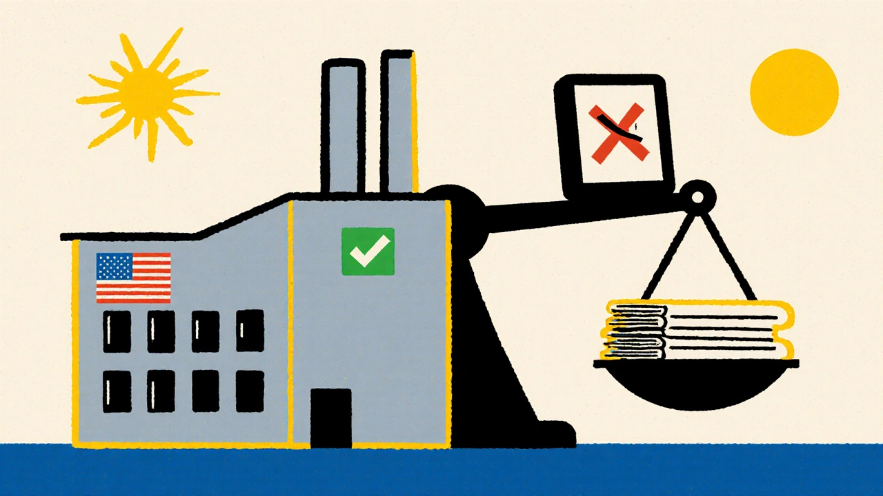 A factory split in two: U.S. plant with green checkmark vs. foreign plant with red X, in De Stijl geometric style.