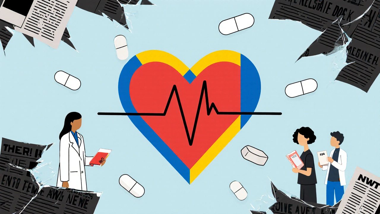 A heart made of primary-colored rectangles is protected from shattering headlines by connections to healthcare providers.