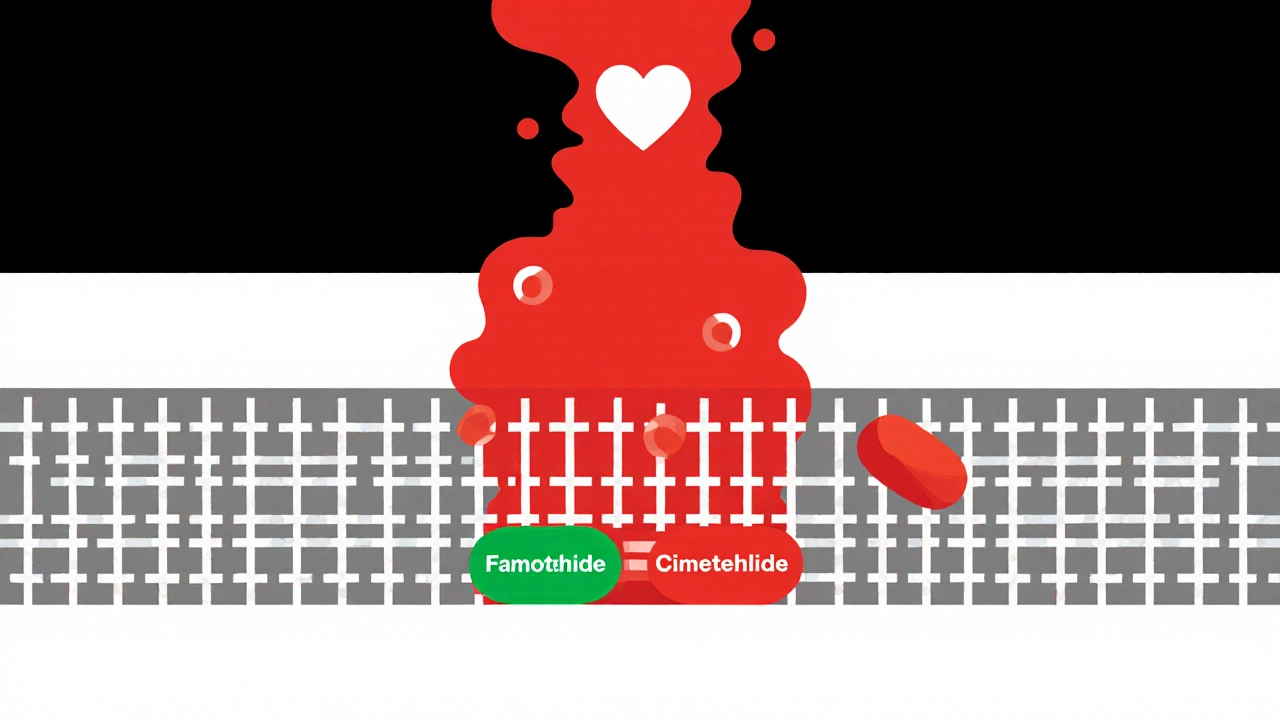 A kidney canal with one pill blocking drug flow, another passing freely in abstract grid design.