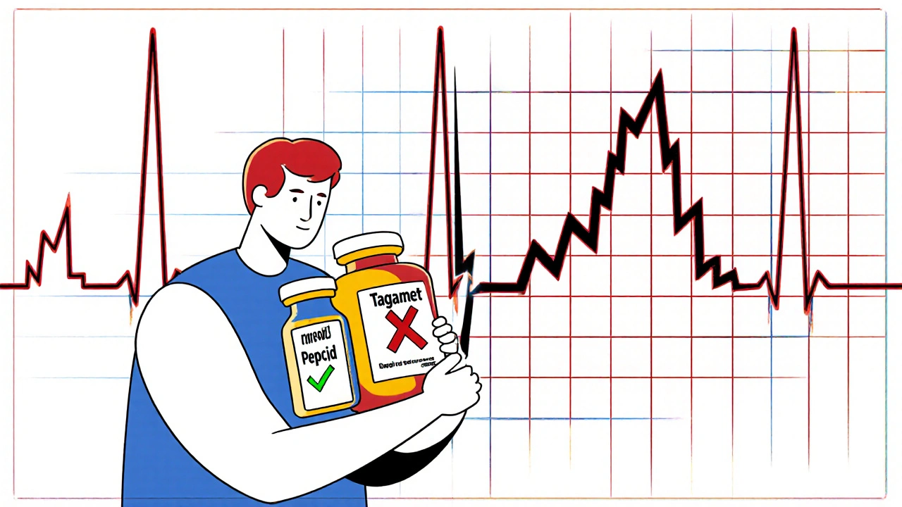 A patient choosing safe vs. dangerous heartburn meds with a warning ECG waveform in primary colors.