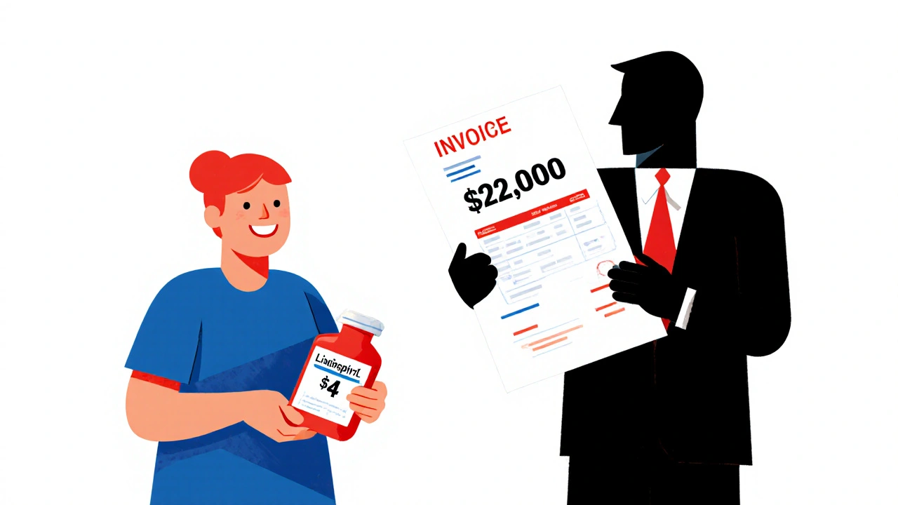 A patient holding a cheap generic pill while a shadowy figure holds a massive brand-name drug invoice in abstract geometric style.