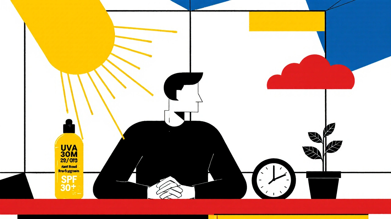 A person at a window desk under invisible UVA rays, with broad-spectrum sunscreen bottle and clock visible.