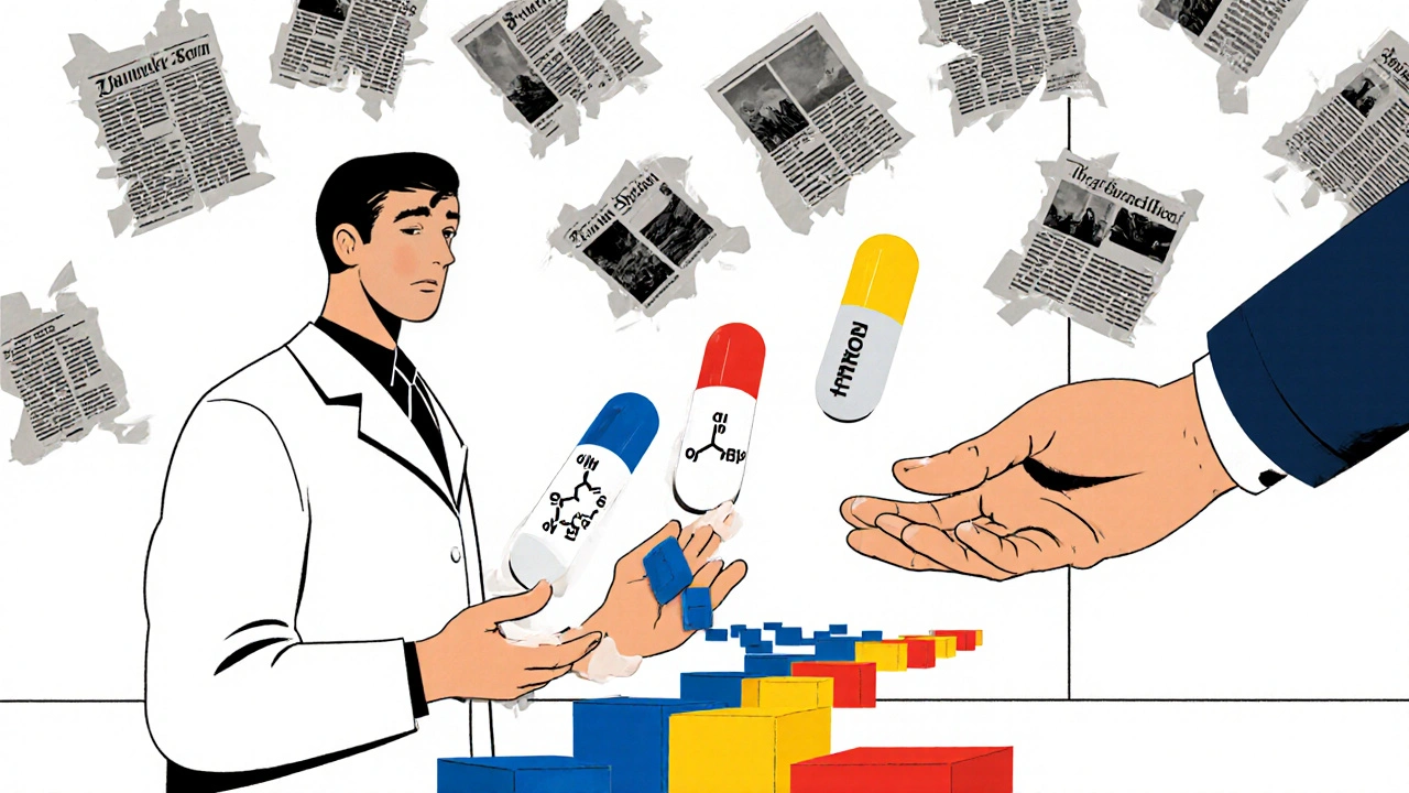 A pharmacist offers two pills to a worried patient, with geometric blocks guiding trust toward the generic option.