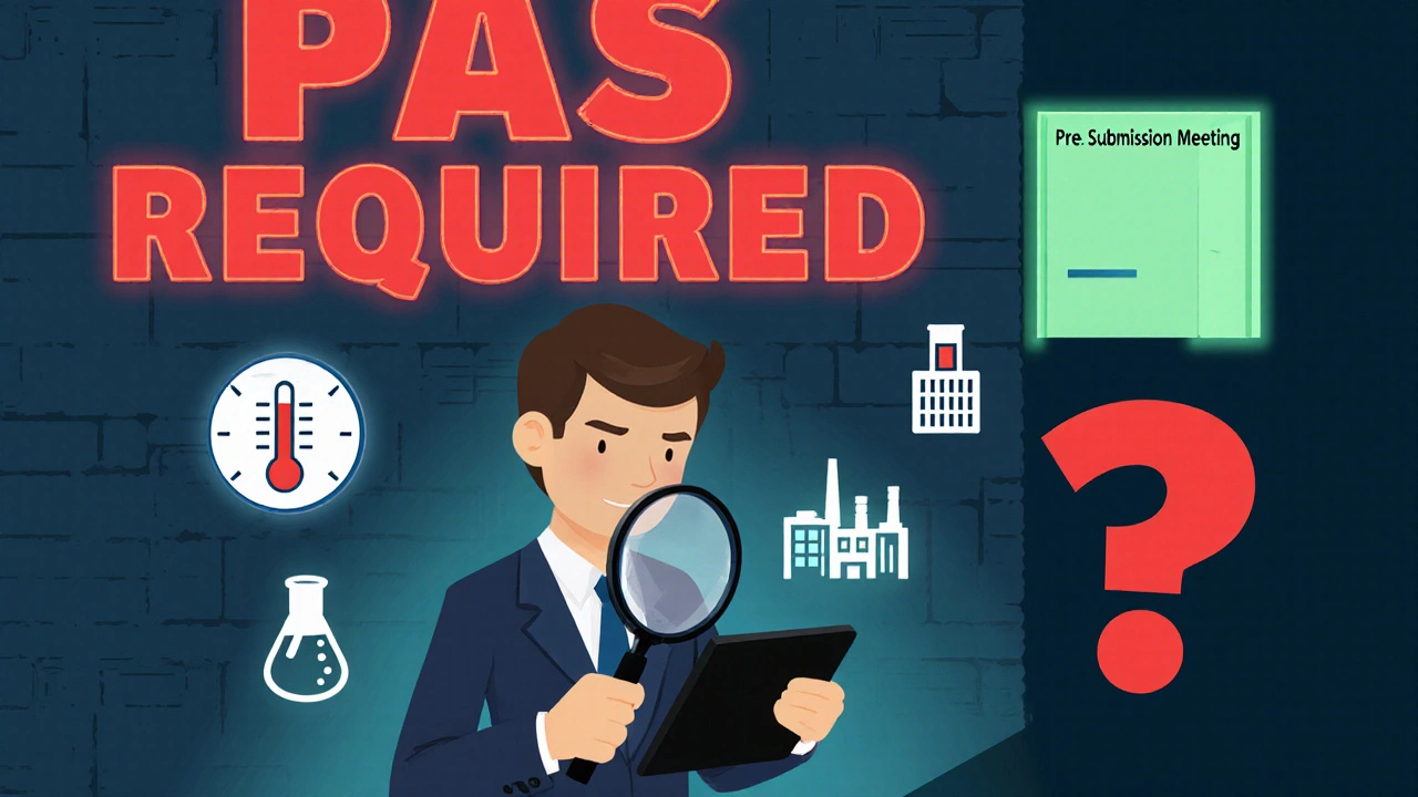 A regulator examining a tablet surrounded by icons of stability, analysis, and facility transfer, with red warning letters on the wall.