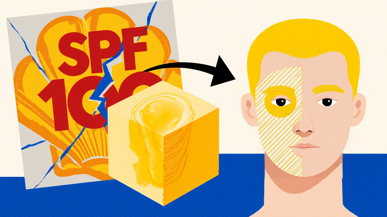 A small teaspoon of sunscreen beside a face with patchy coverage, revealing the false promise of high SPF.